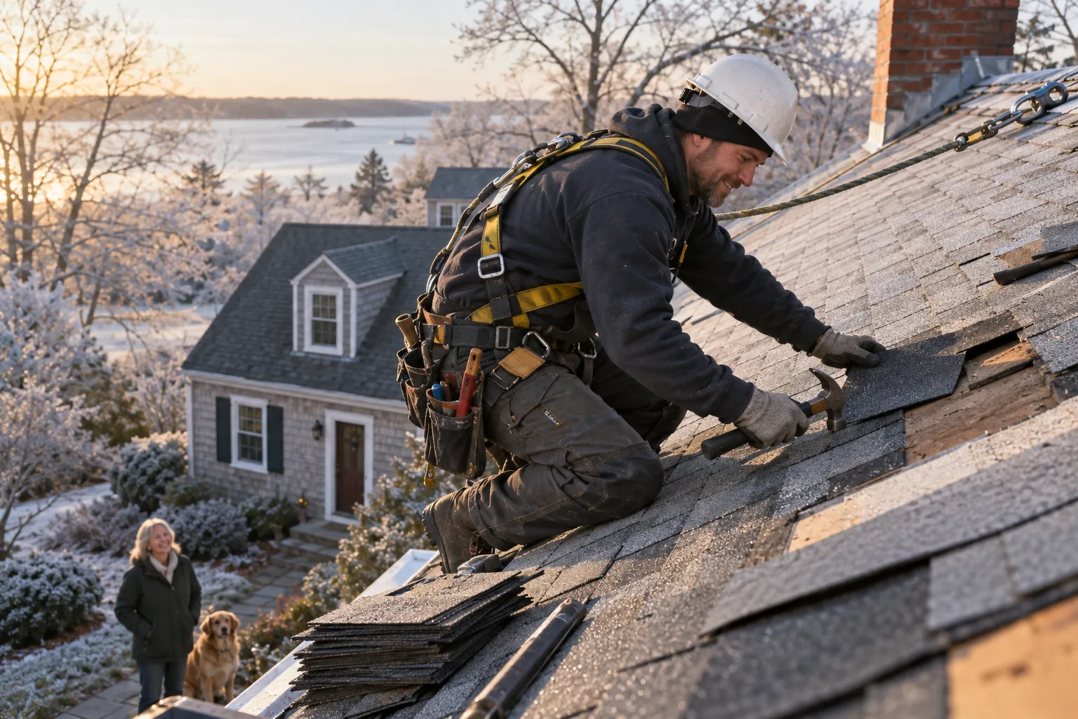 Local roofing provider repairing shingles on a home in Peapack and Gladstone, the Peapack and Gladstone area